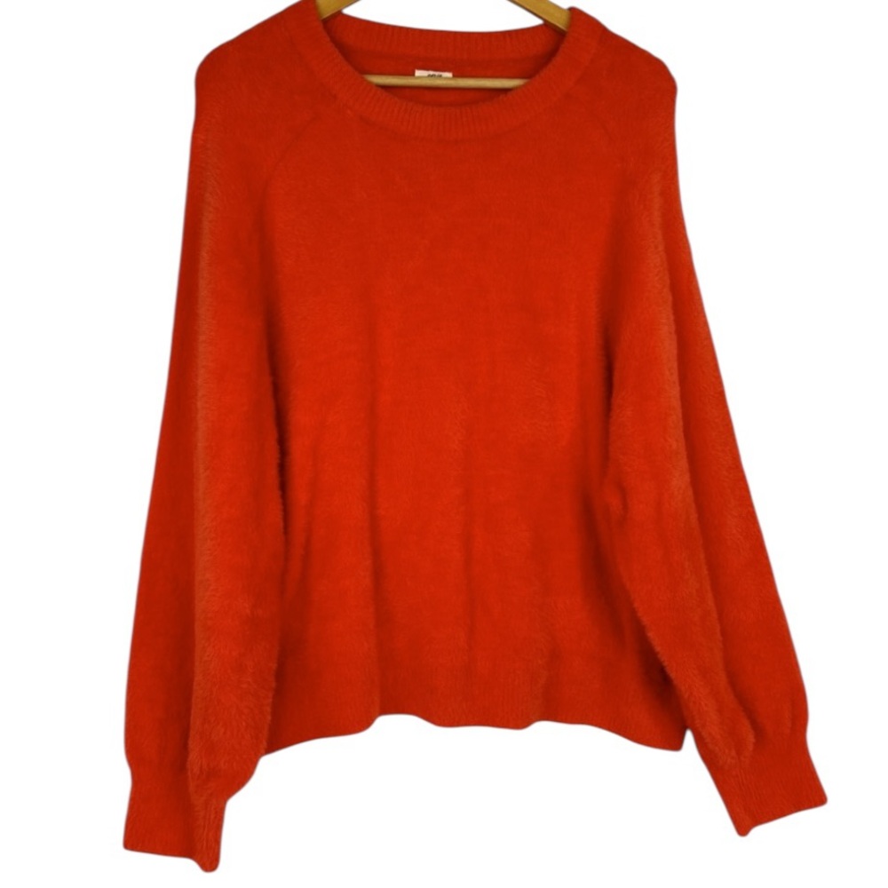 Aerie Orange Soft & Fuzzy Oversize 3/4 Sleeve Boxy Crew Neck Cropped Sweater L